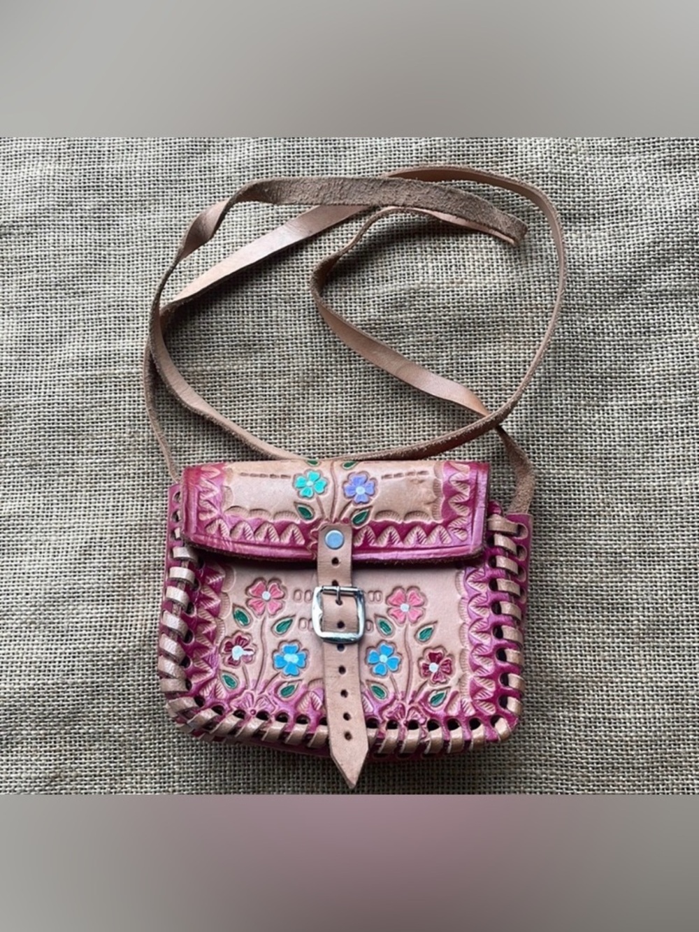 Handmade leather mini bag embossed & painted Crafted Import Vacation Beach boho